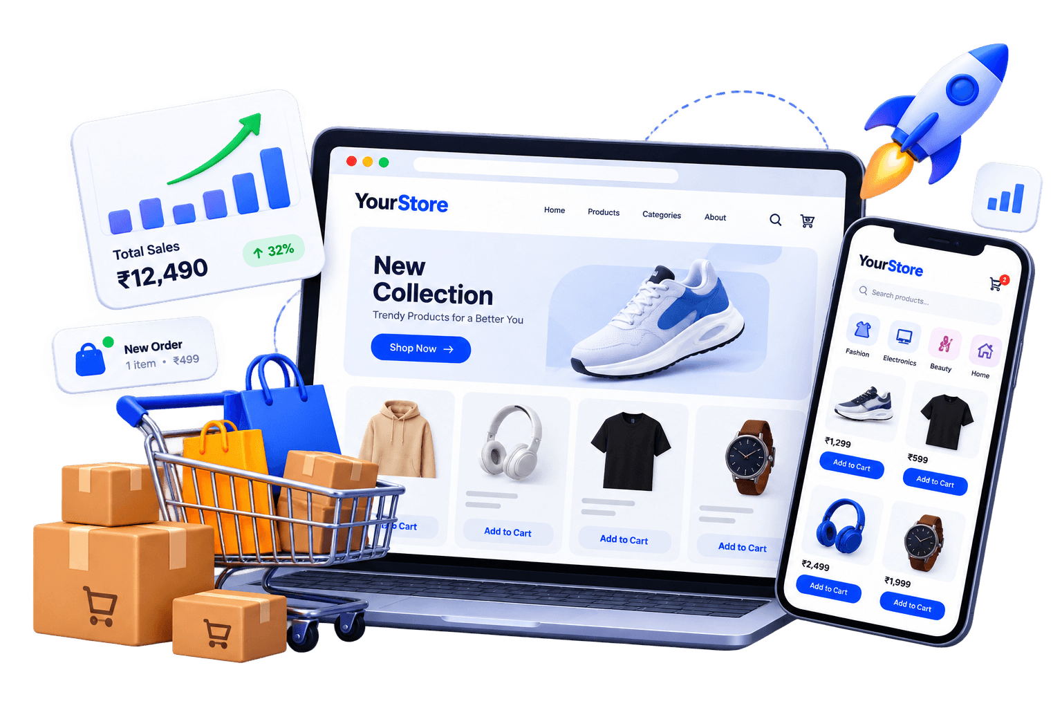 Boomly ecommerce store on laptop and mobile with a live sales and orders summary