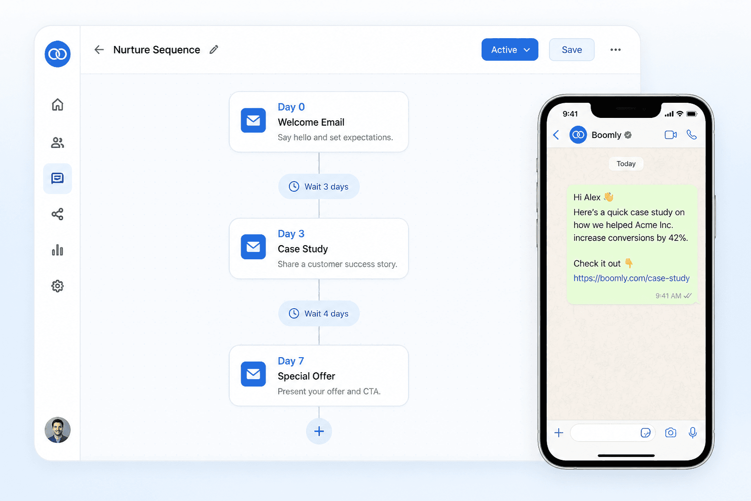 Boomly drip sequences — timed WhatsApp nurture messages with smart delays
