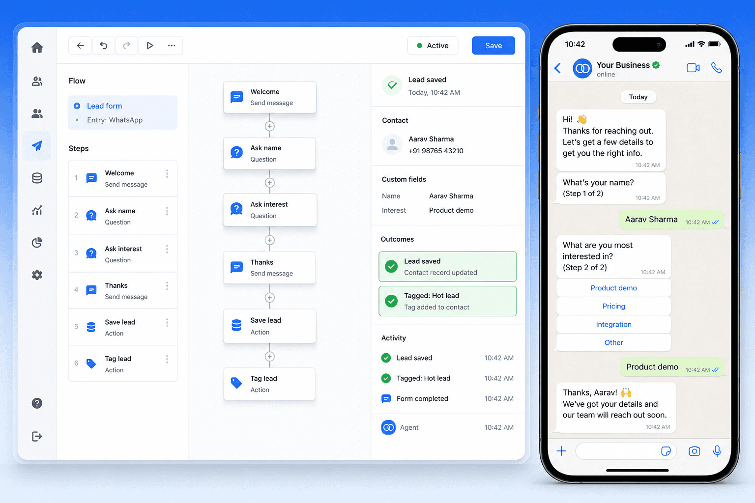 Boomly form builder — in-chat multi-step forms inside WhatsApp flows