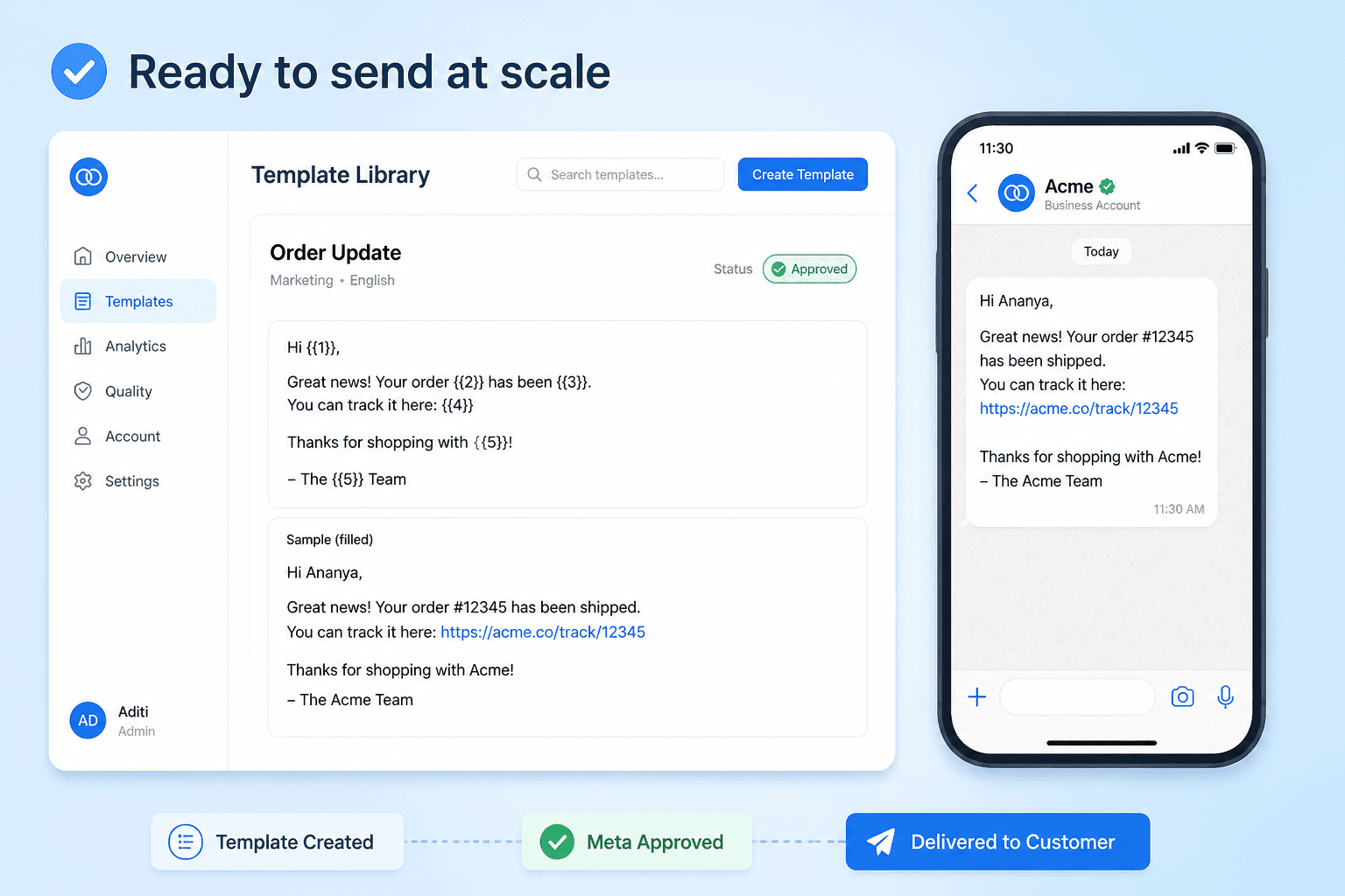 Boomly WhatsApp message templates — Meta-approved library with variables on desktop and mobile