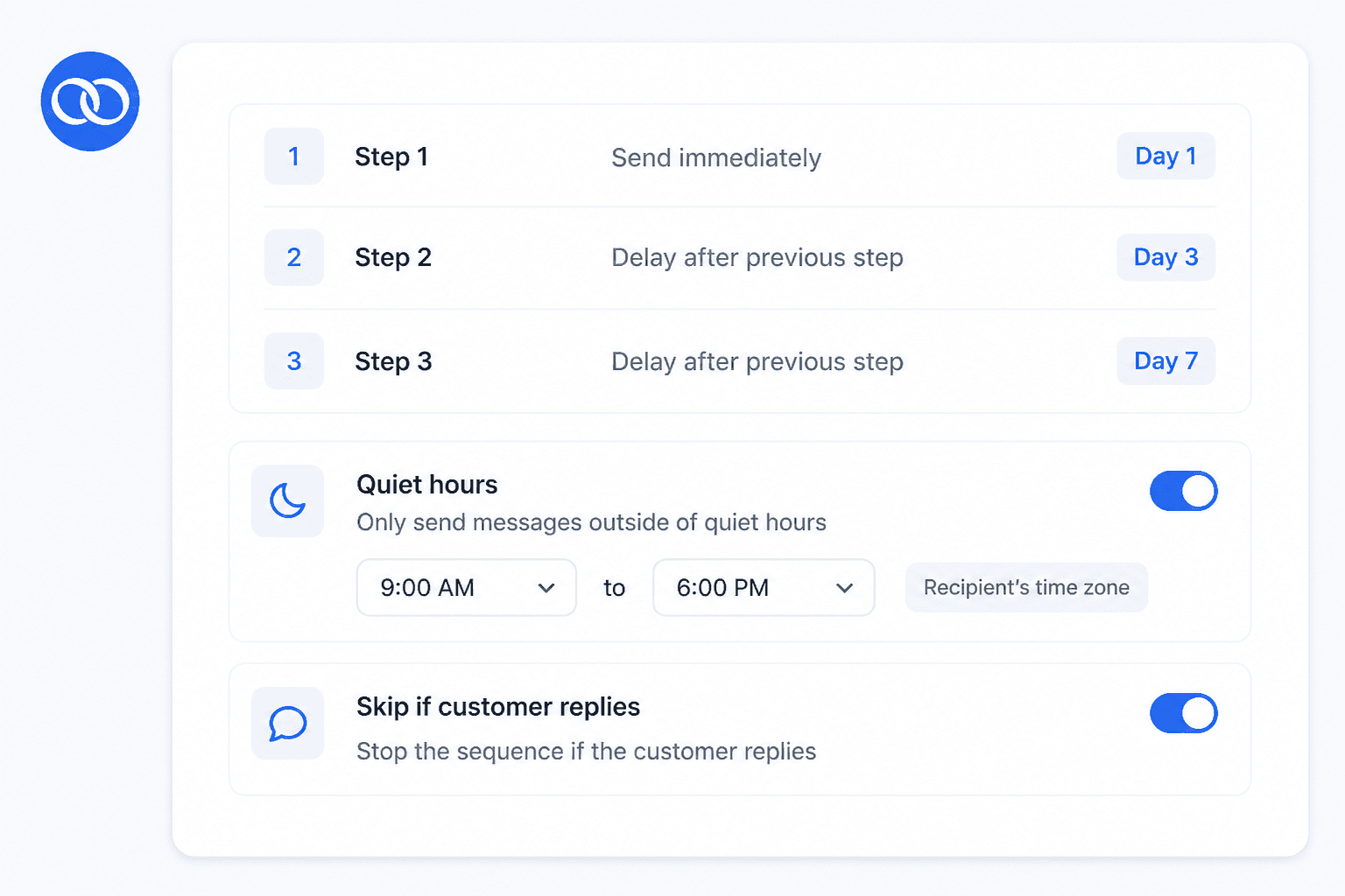 Boomly drip sequence delay settings with day-based relative timing