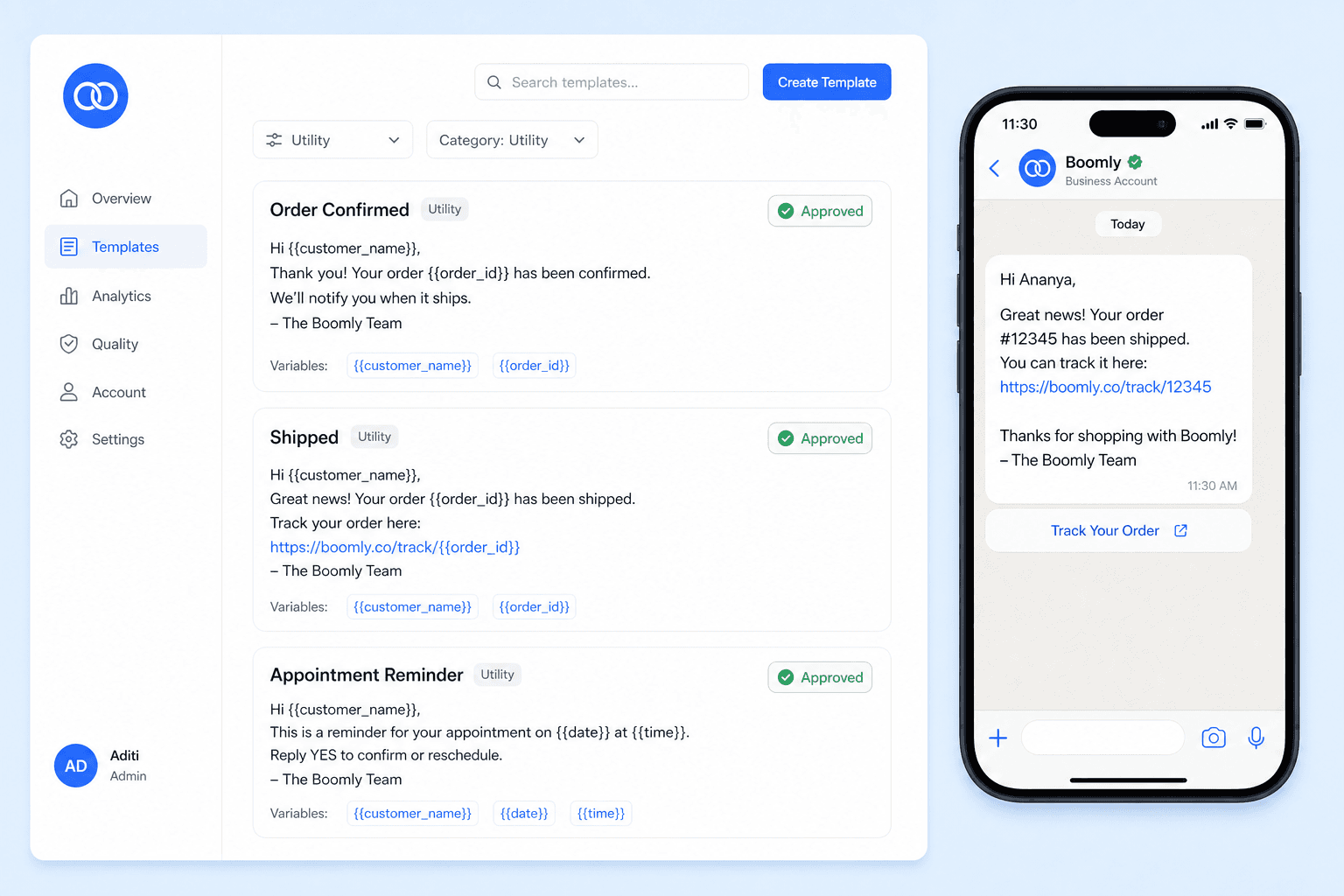 Boomly utility WhatsApp templates — order confirmed and shipped alerts with variables