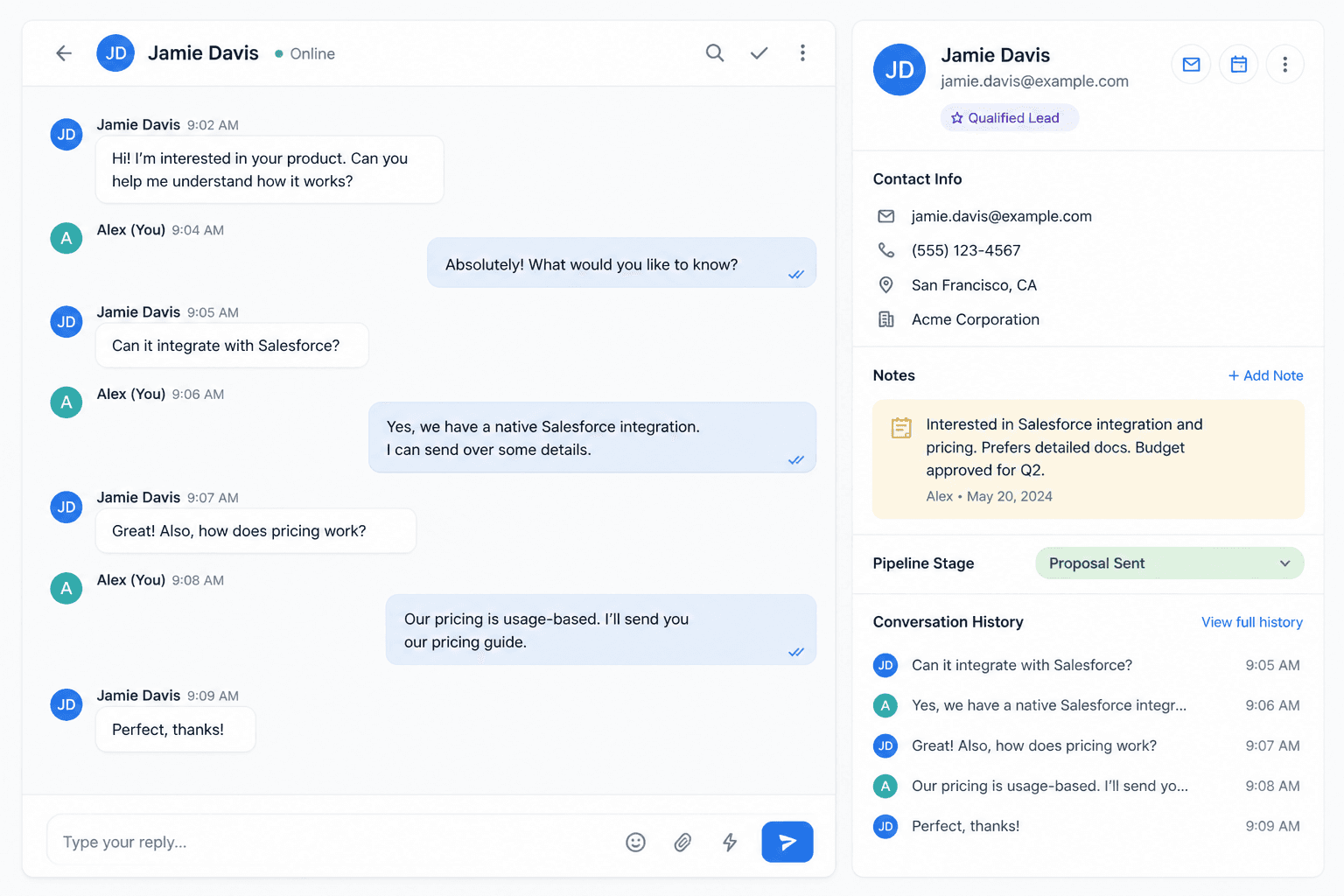 Full conversation history and contact context beside the chat thread