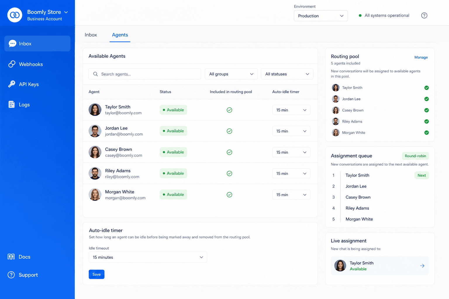 Available agents in Boomly team view — green status and included in routing pools