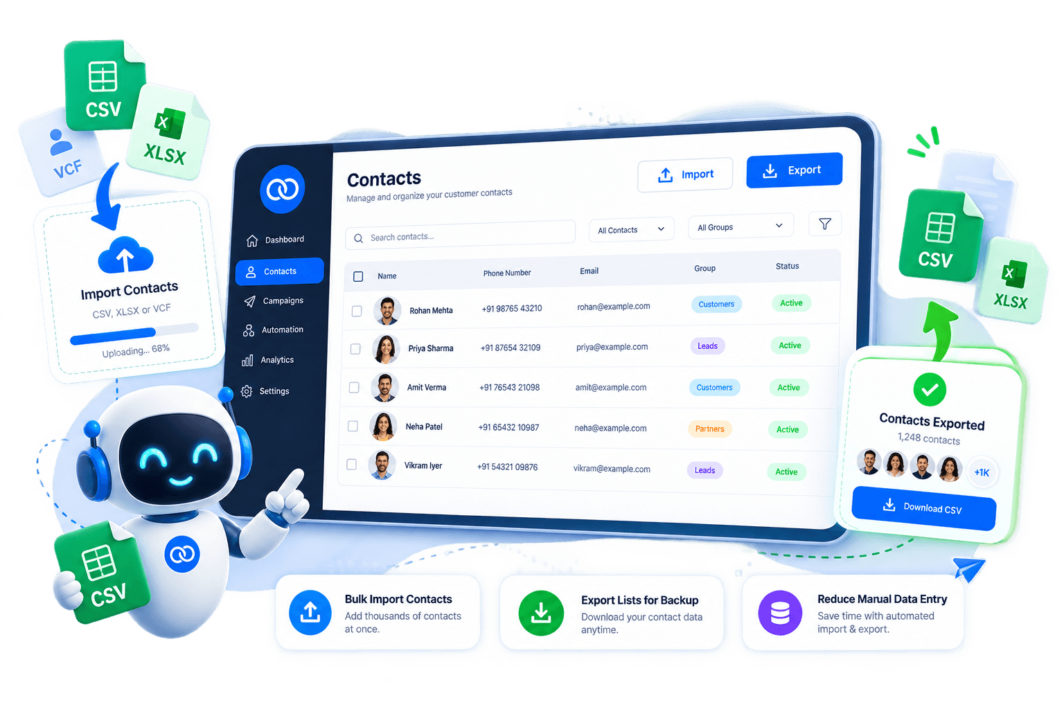 Boomly contact import and export dashboard with CSV upload and download