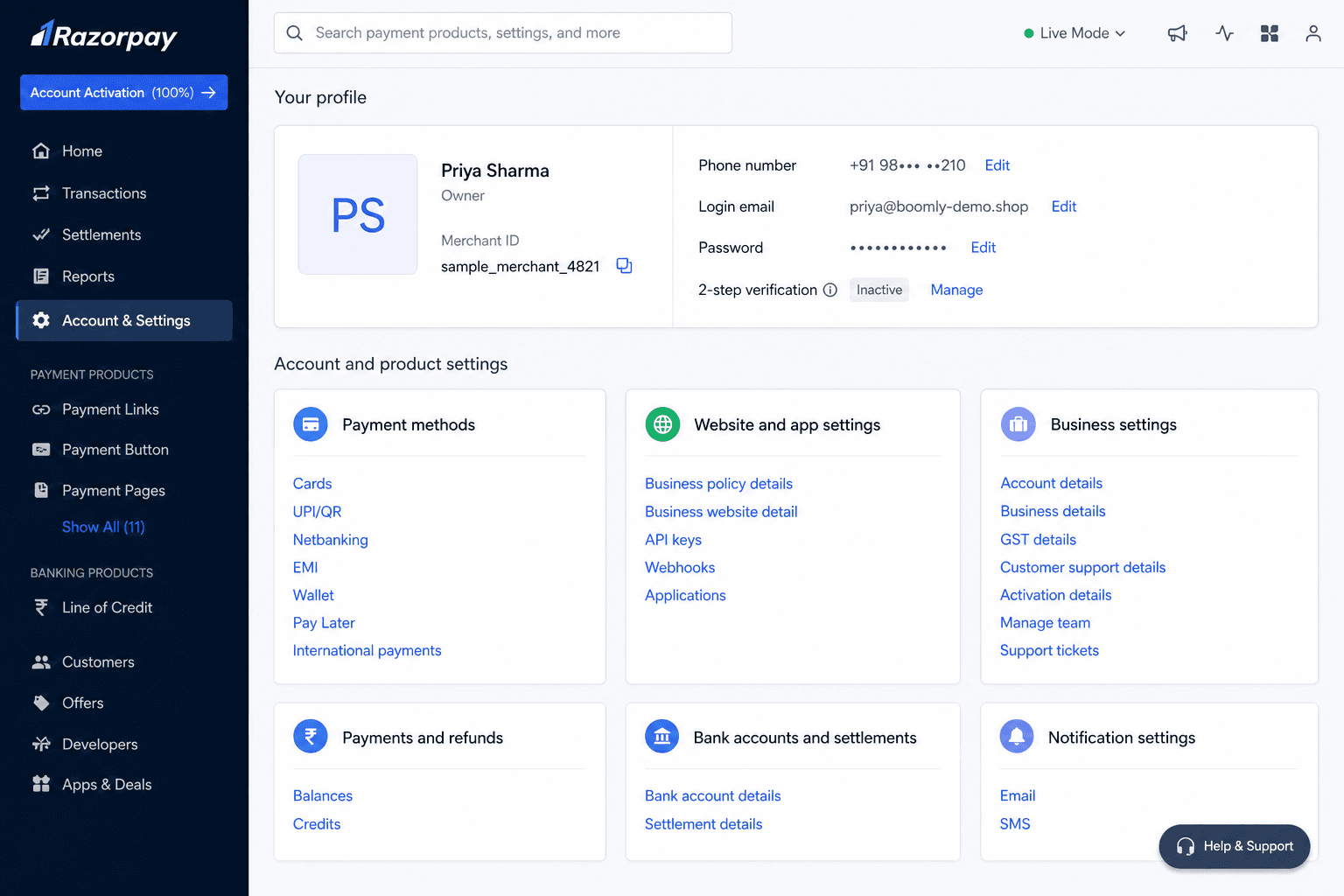 Razorpay Account and Settings page with business owner profile and settings grid