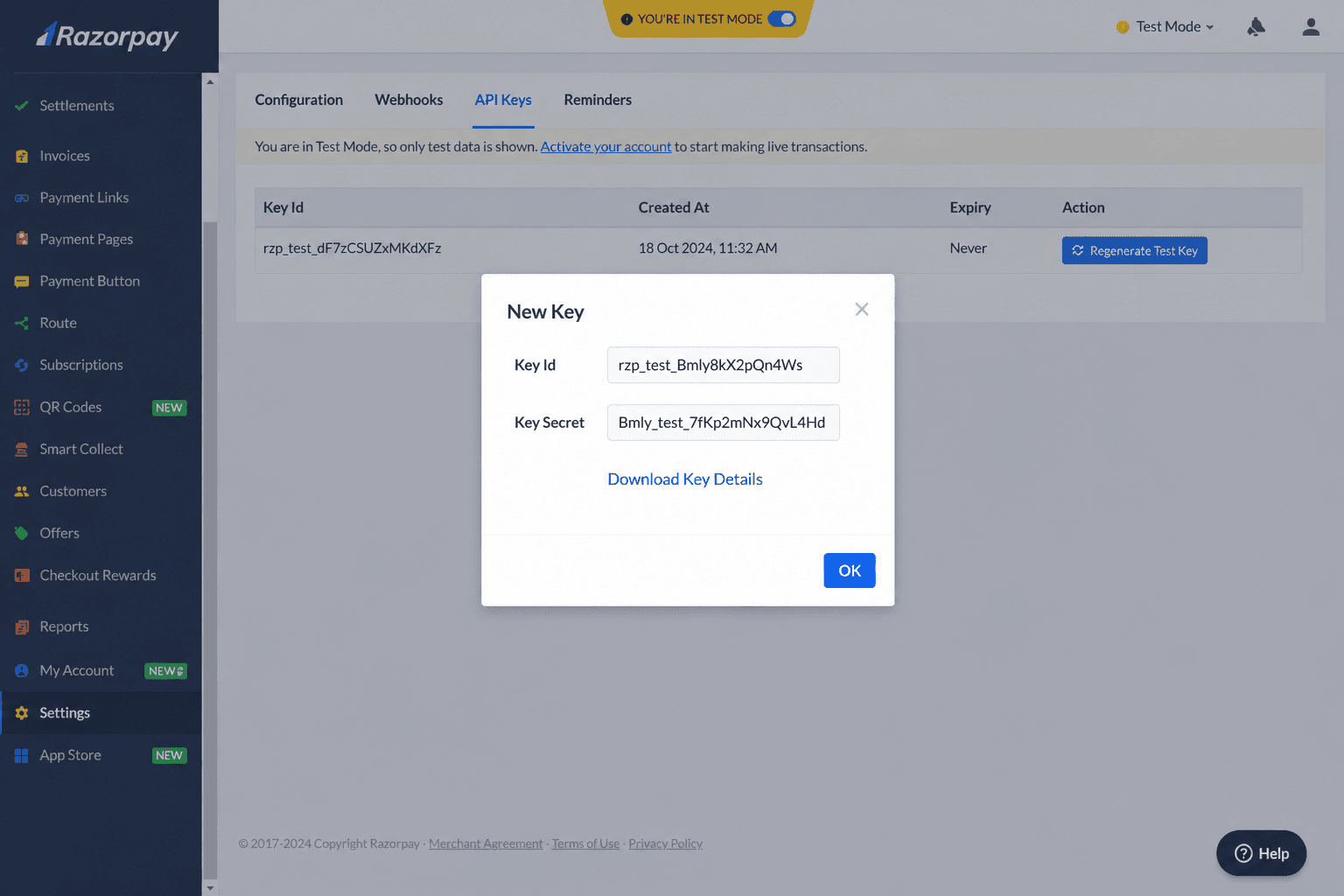Razorpay New Key modal showing Key Id and Key Secret