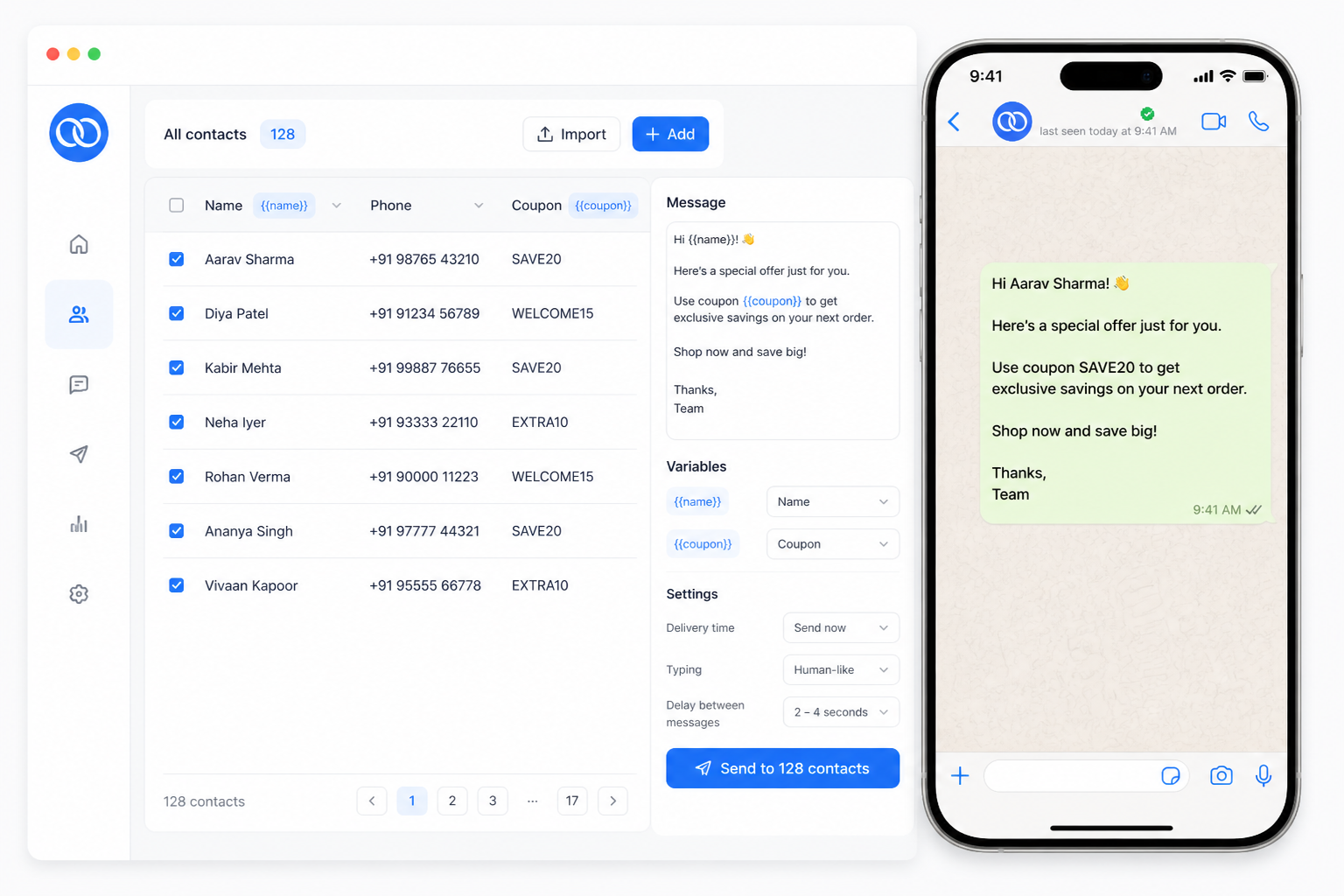 Personalized WhatsApp broadcast with dynamic name and offer variables