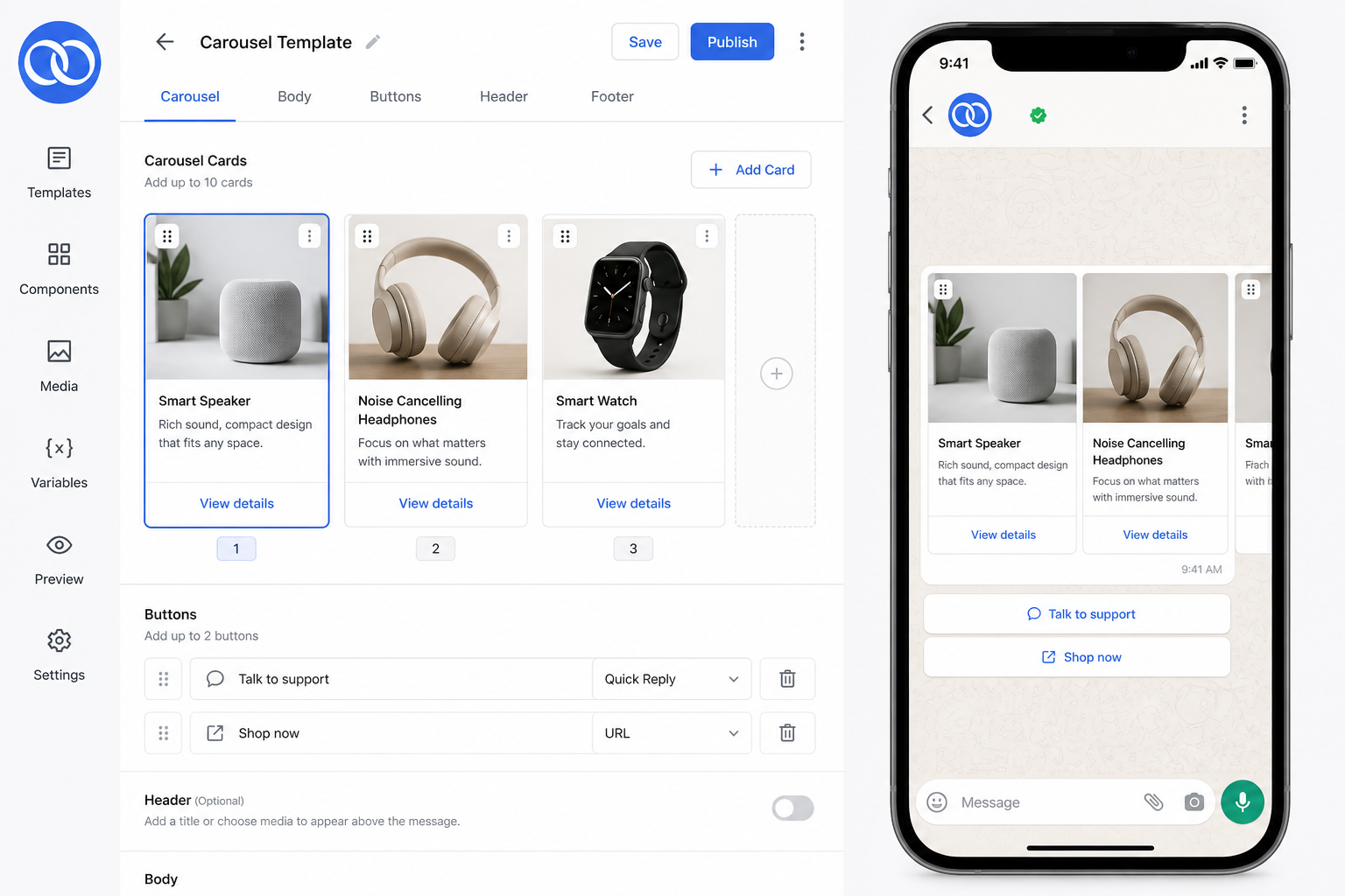 Rich WhatsApp template with carousel products and CTA buttons