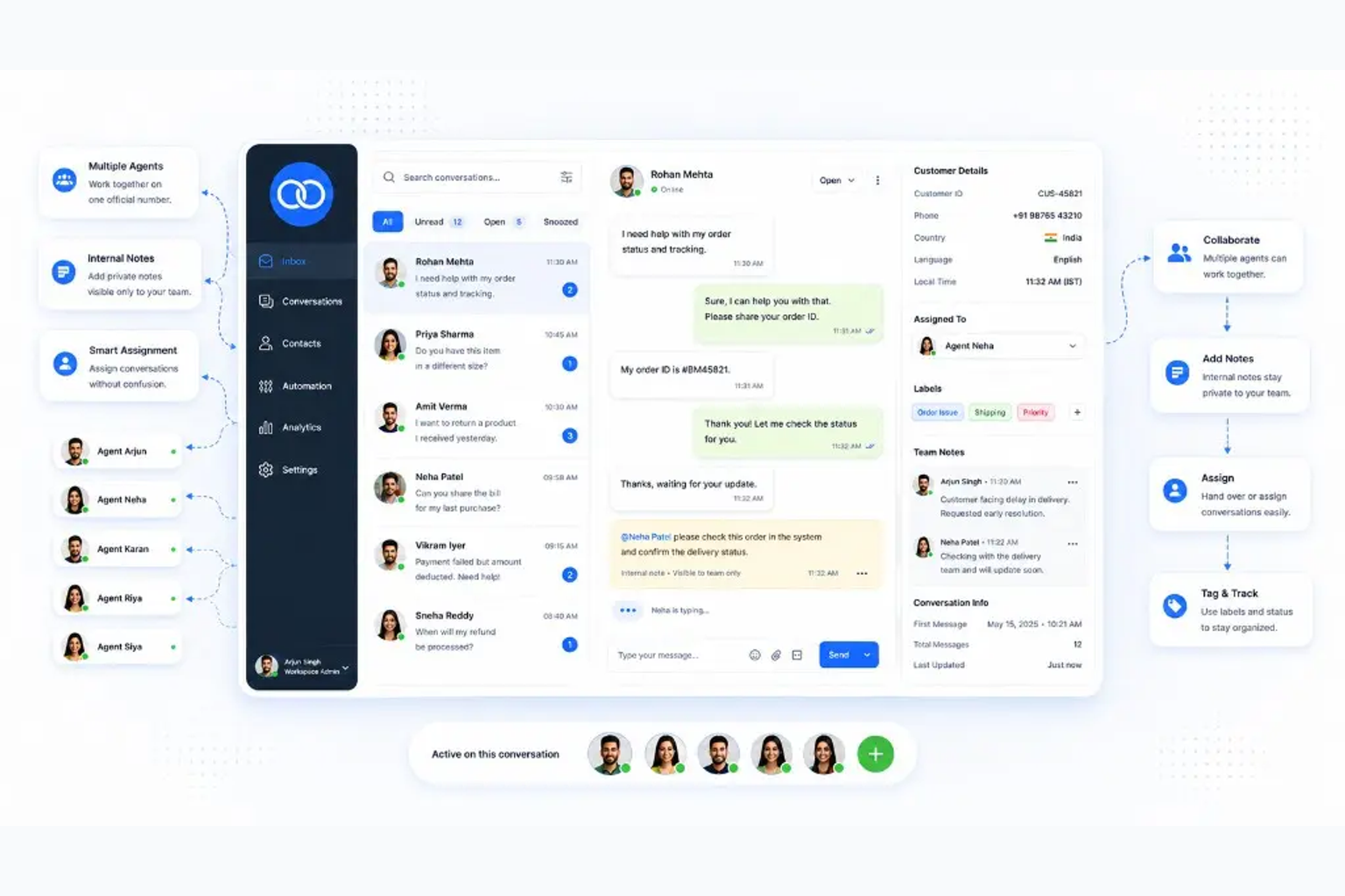 Shared Messenger inbox with notes, tags, and agent assignment